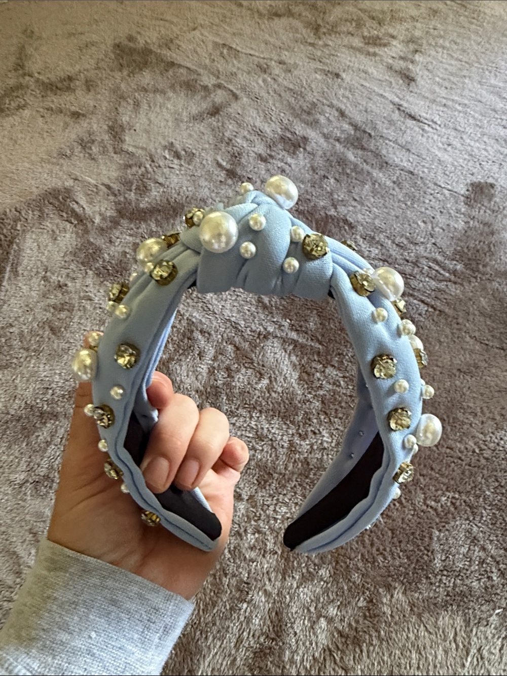Pearl & Crystal Knotted Headband in Light Blue